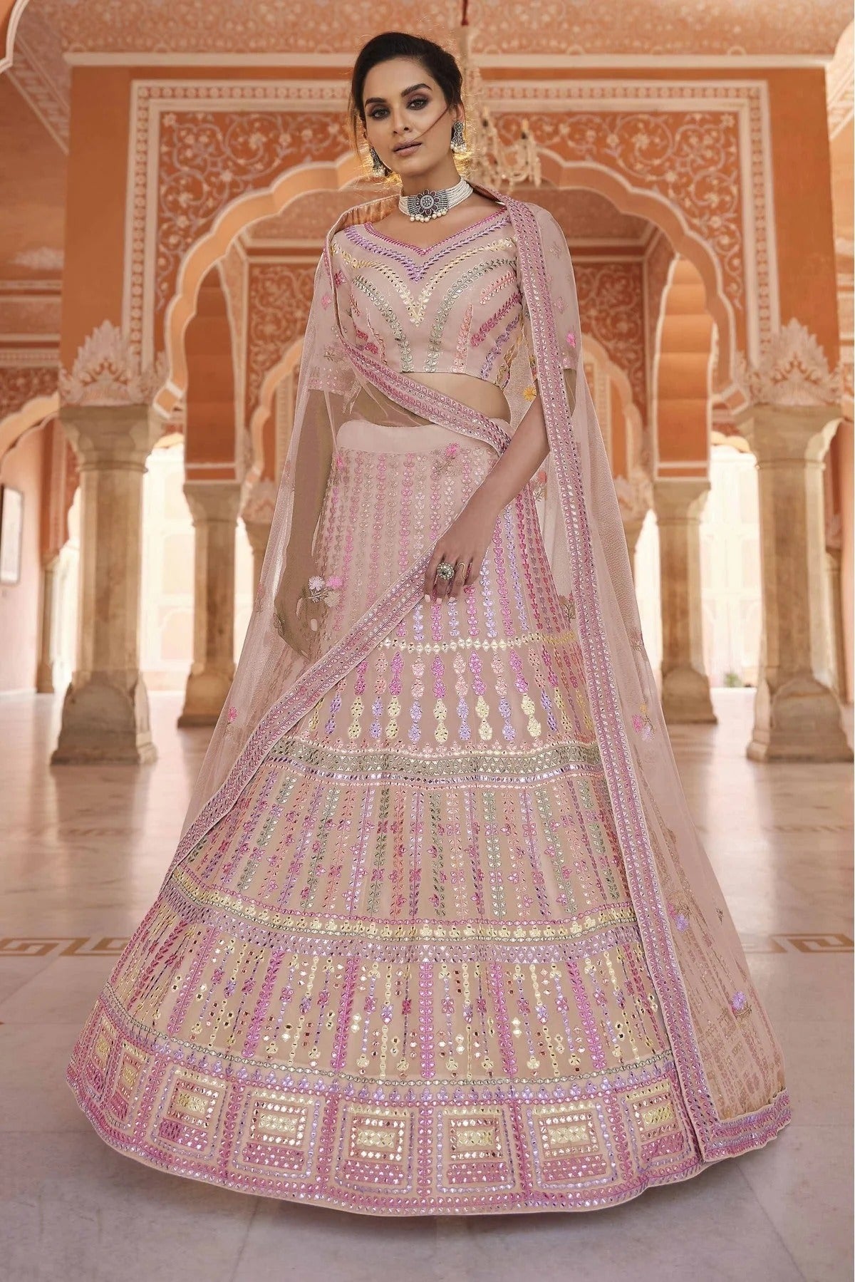 Peach Colour Organza Thread Work Lehenga Choli LC1080140