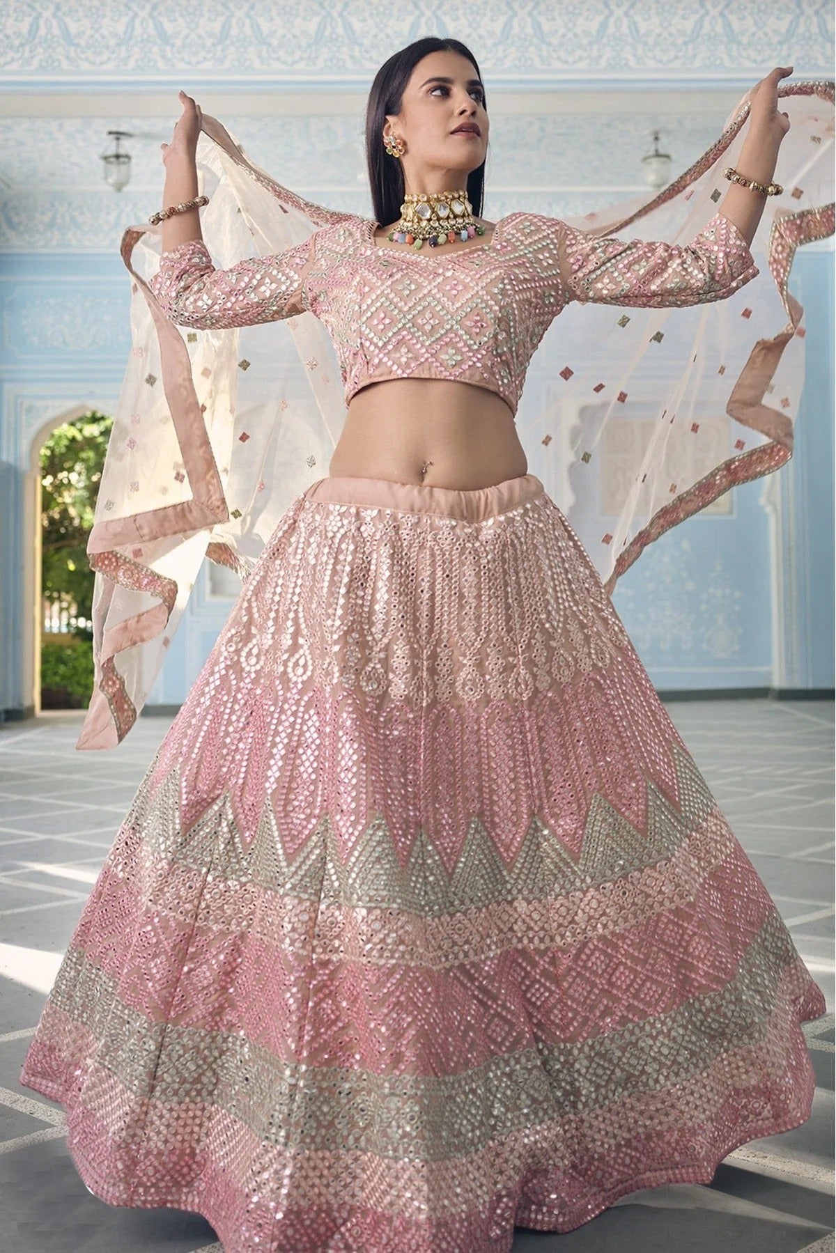 Peach Colour Organza Thread Work Lehenga Choli LC1080323 A