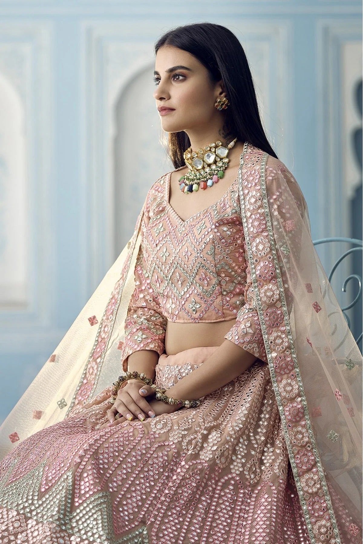 Peach Colour Organza Thread Work Lehenga Choli LC1080323 B
