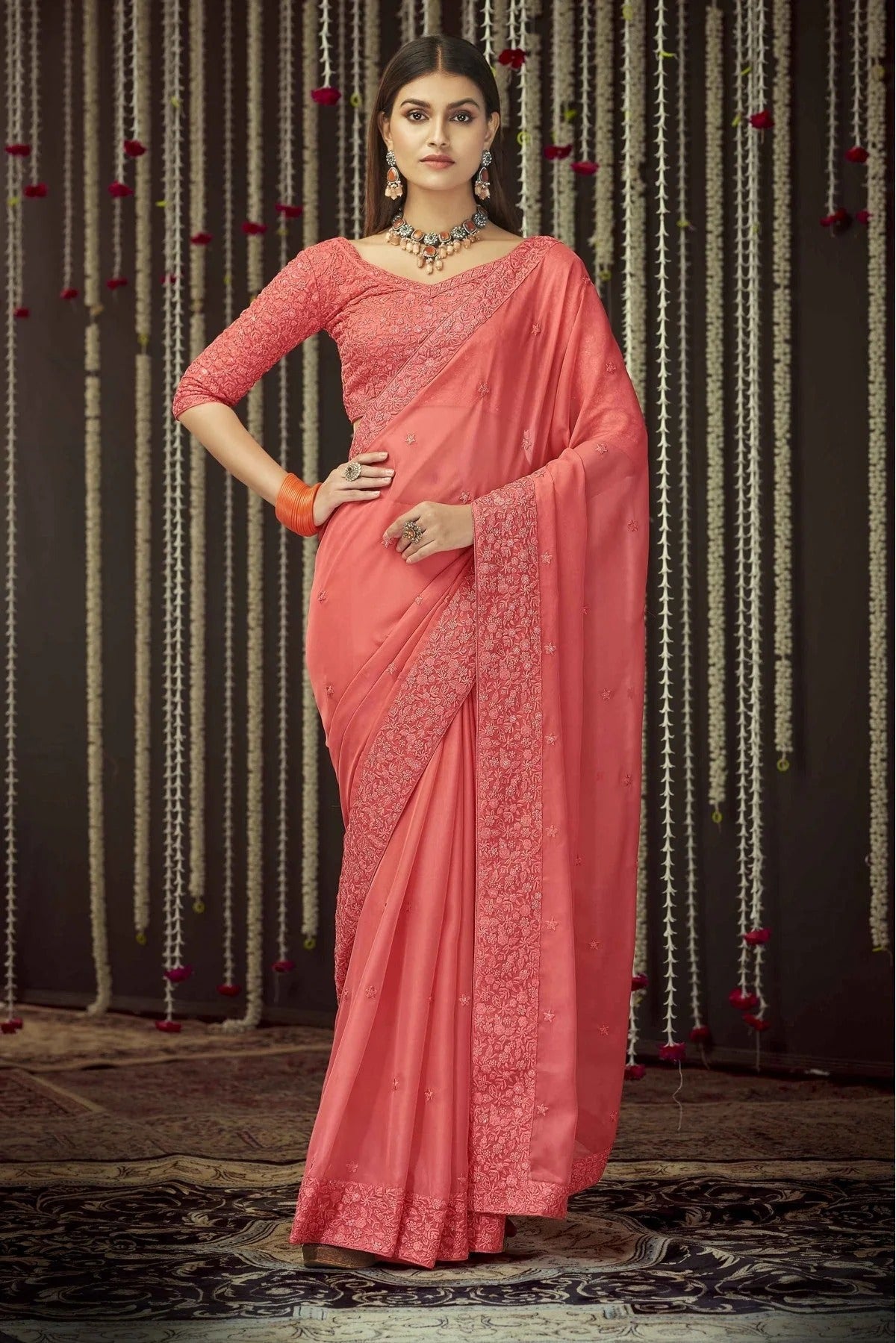 Peach Colour Organza Thread Work Saree SD1080069