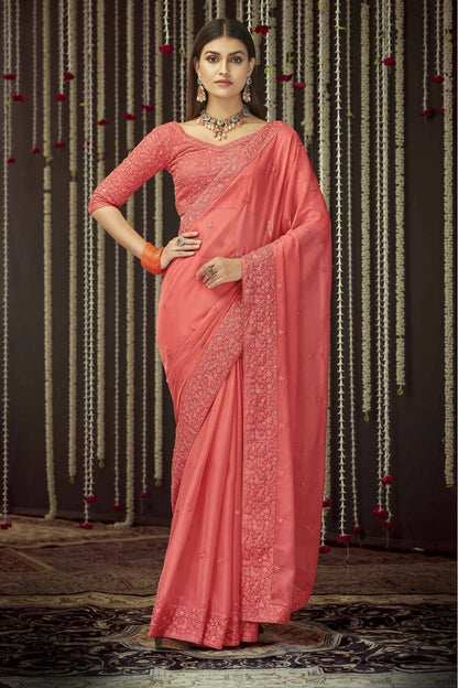 Peach Colour Organza Thread Work Saree SD1080069
