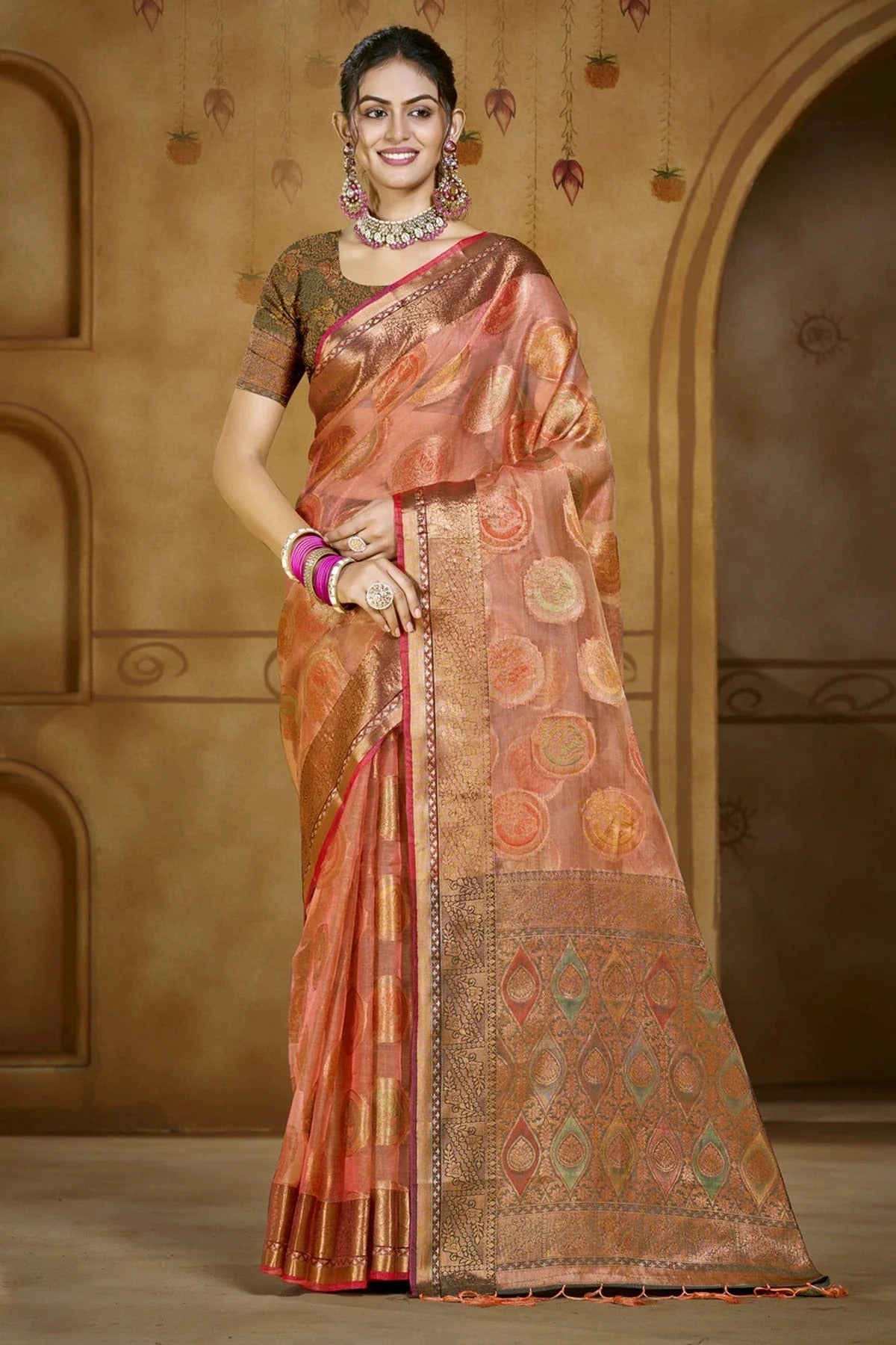 Peach Colour Organza Woven Work Traditional Saree SD1102877