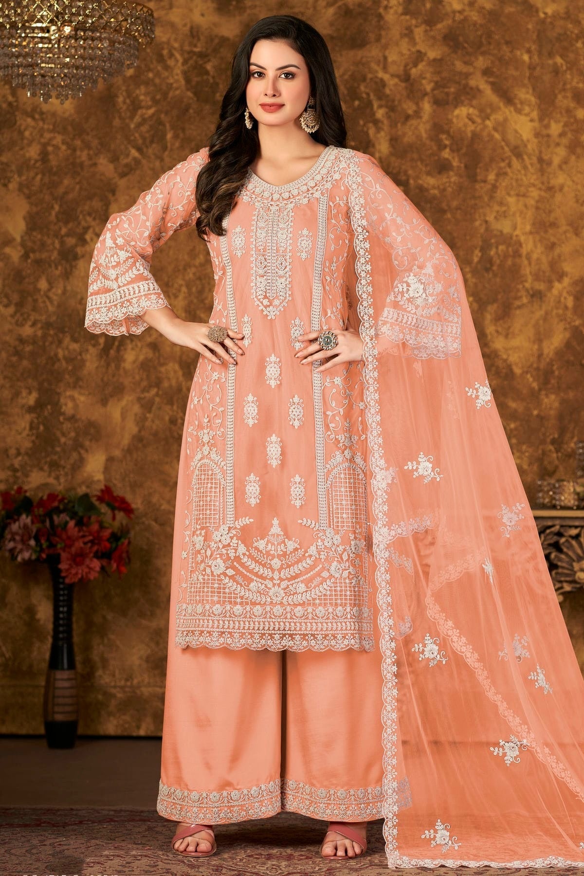Peach Colour Plazoo Pant Suit Net Semi Stitched SM1050531