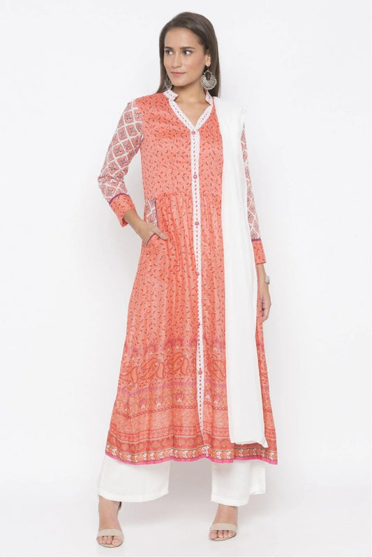 Peach Colour Plus Size Stitched Cotton Embroidery Palazzo Pant Suit BW1070263