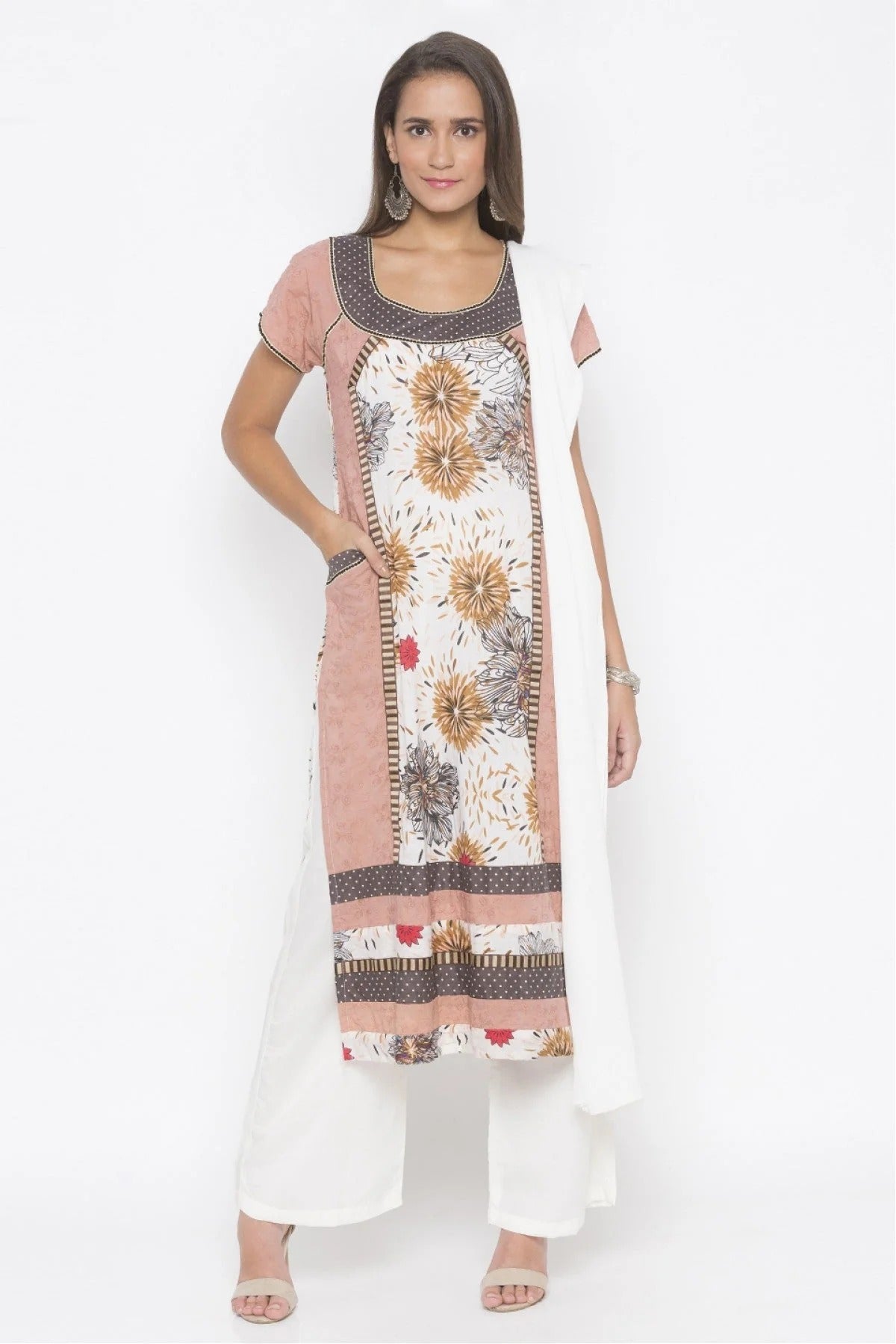 Peach Colour Plus Size Stitched Cotton Embroidery Palazzo Pant Suit BW1070264