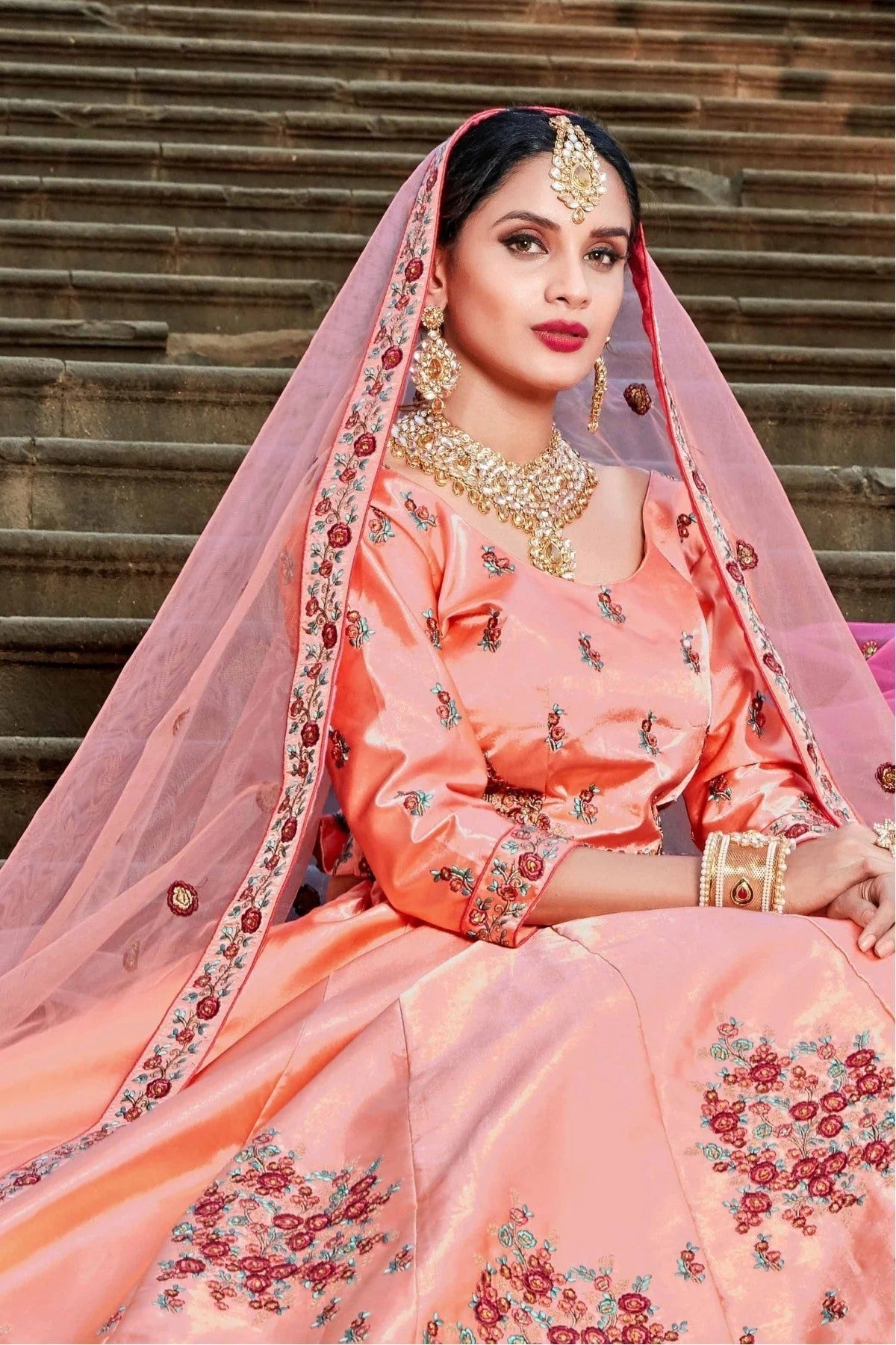 Peach Colour Pure Satin Resham Work Lehenga Choli LC1080408 A