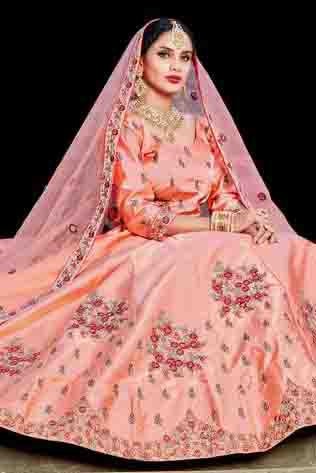 Peach Colour Pure Satin Resham Work Lehenga Choli LC1080408 B