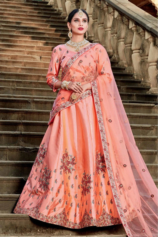 Peach Colour Pure Satin Resham Work Lehenga Choli LC1080408