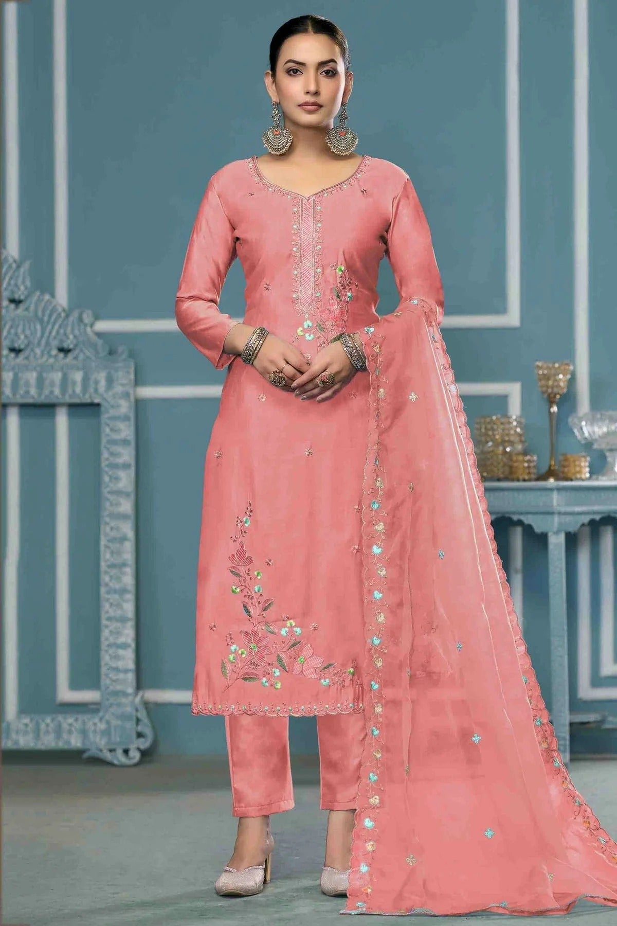 Peach Colour Roman Cotton Pant Style Suit SM1113240