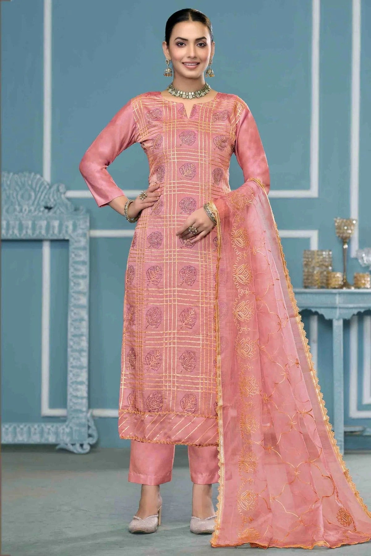 Peach Colour Roman Cotton Pant Style Suit SM1113267
