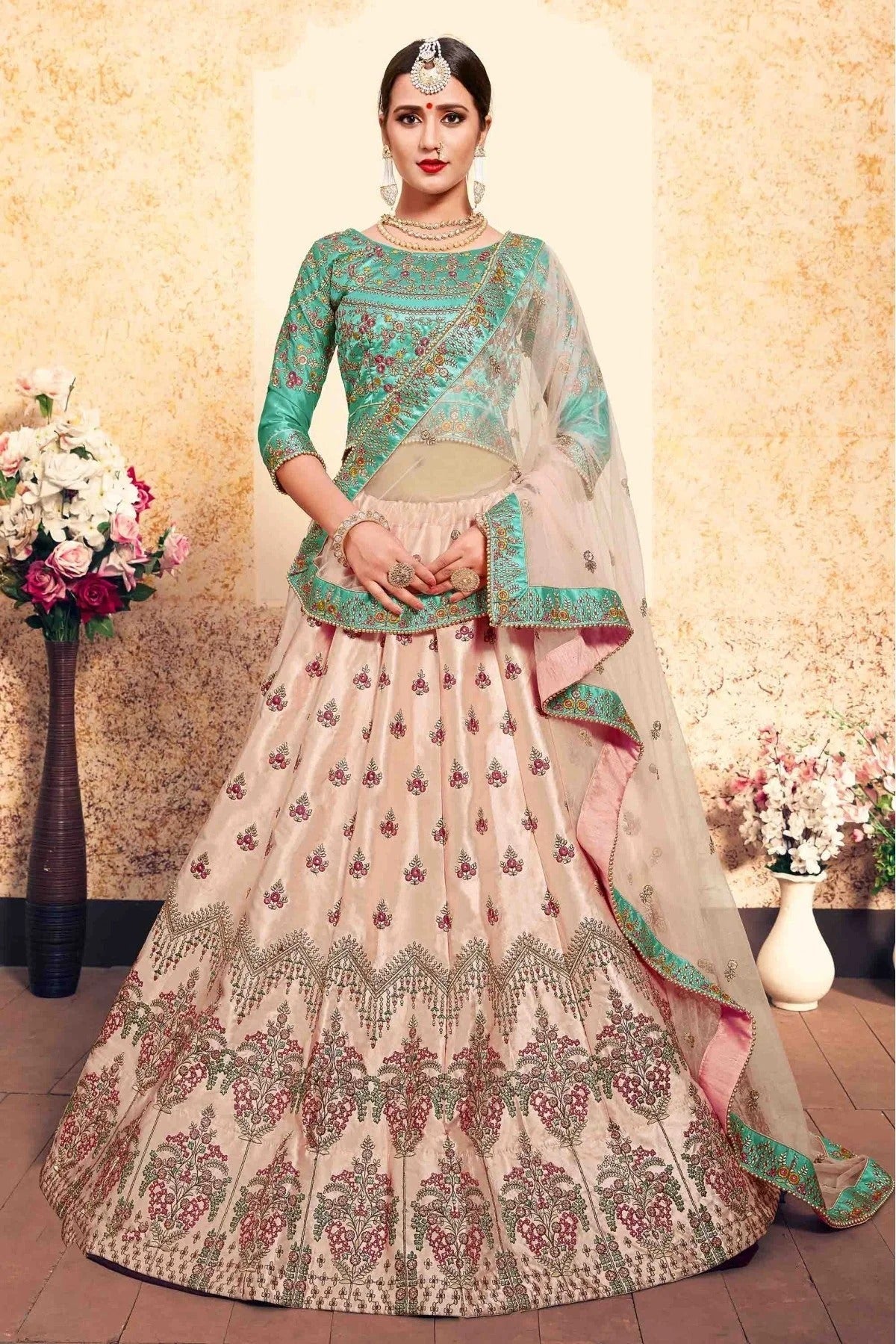 Peach Colour Satin Embroidery Lehenga Choli LC1080193