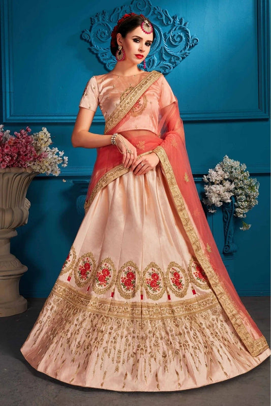 Peach Colour Satin Embroidery Lehenga Choli LC1080460