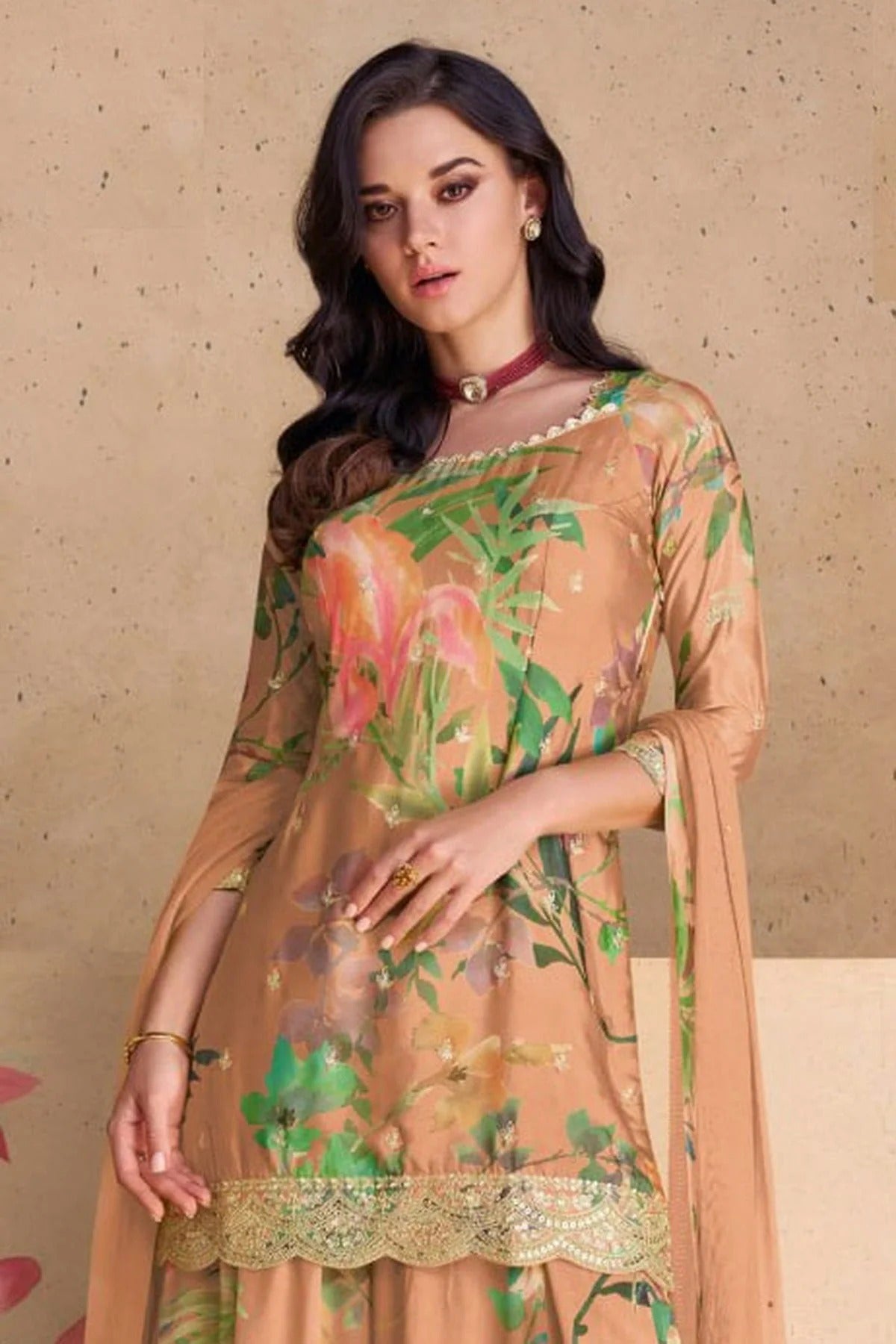Peach Colour Semi Stitched Chinon Palazzo Pant Suit SM1140233 A