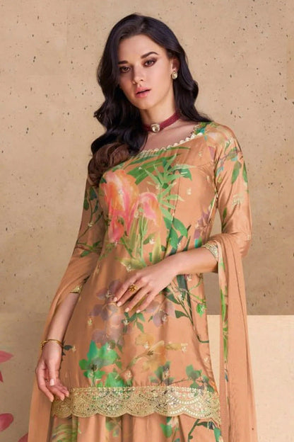 Peach Colour Semi Stitched Chinon Palazzo Pant Suit SM1140233 A