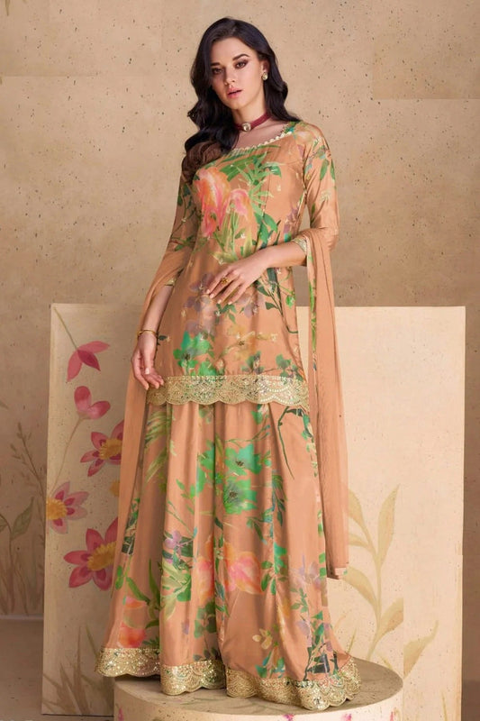 Peach Colour Semi Stitched Chinon Palazzo Pant Suit SM1140233