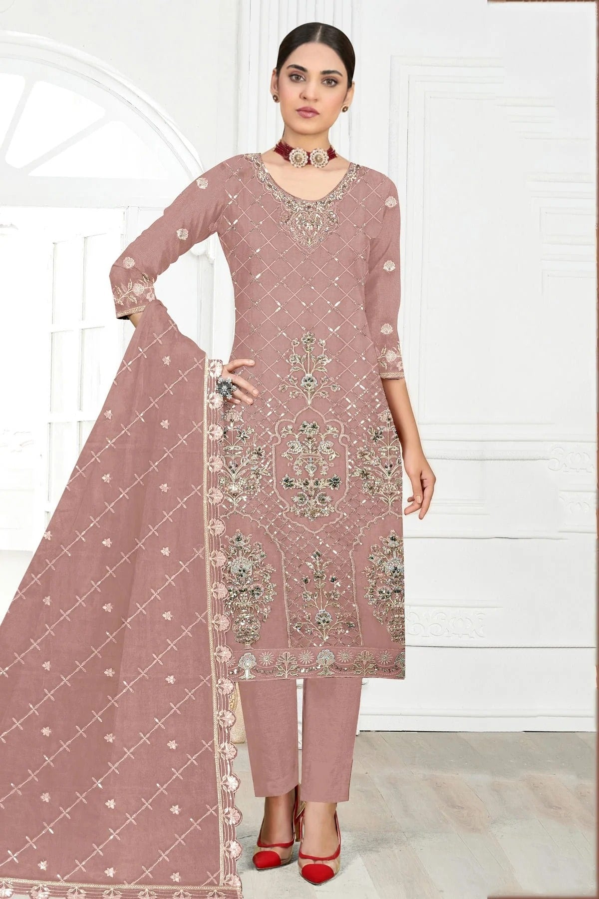 Peach Colour Semi Stitched Faux Georgette Pakistani Suit SM1140313