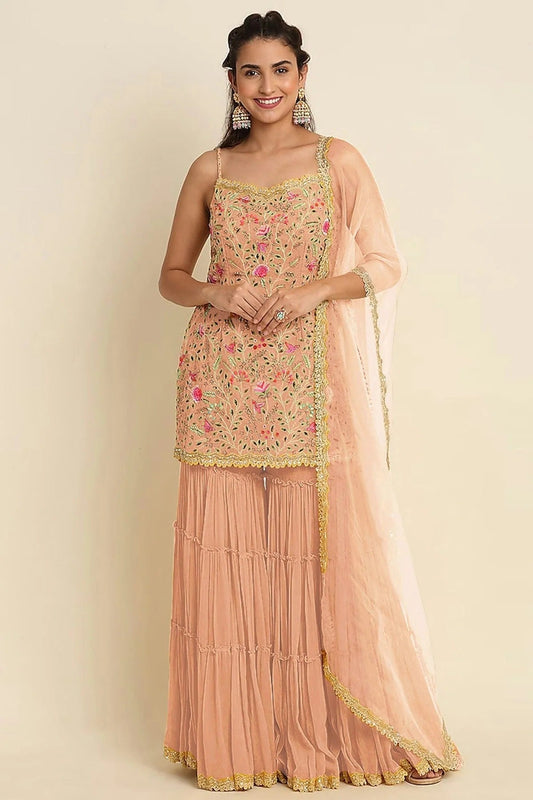 Peach Colour Semi Stitched Faux Georgette Sharara Suit SM1140167