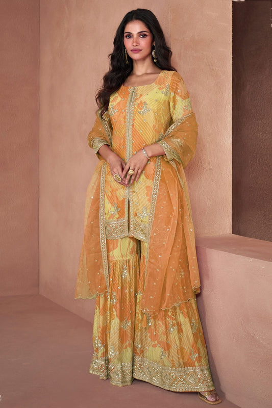 Peach Colour Semi Stitched Faux Georgette Sharara Suit SM1140381