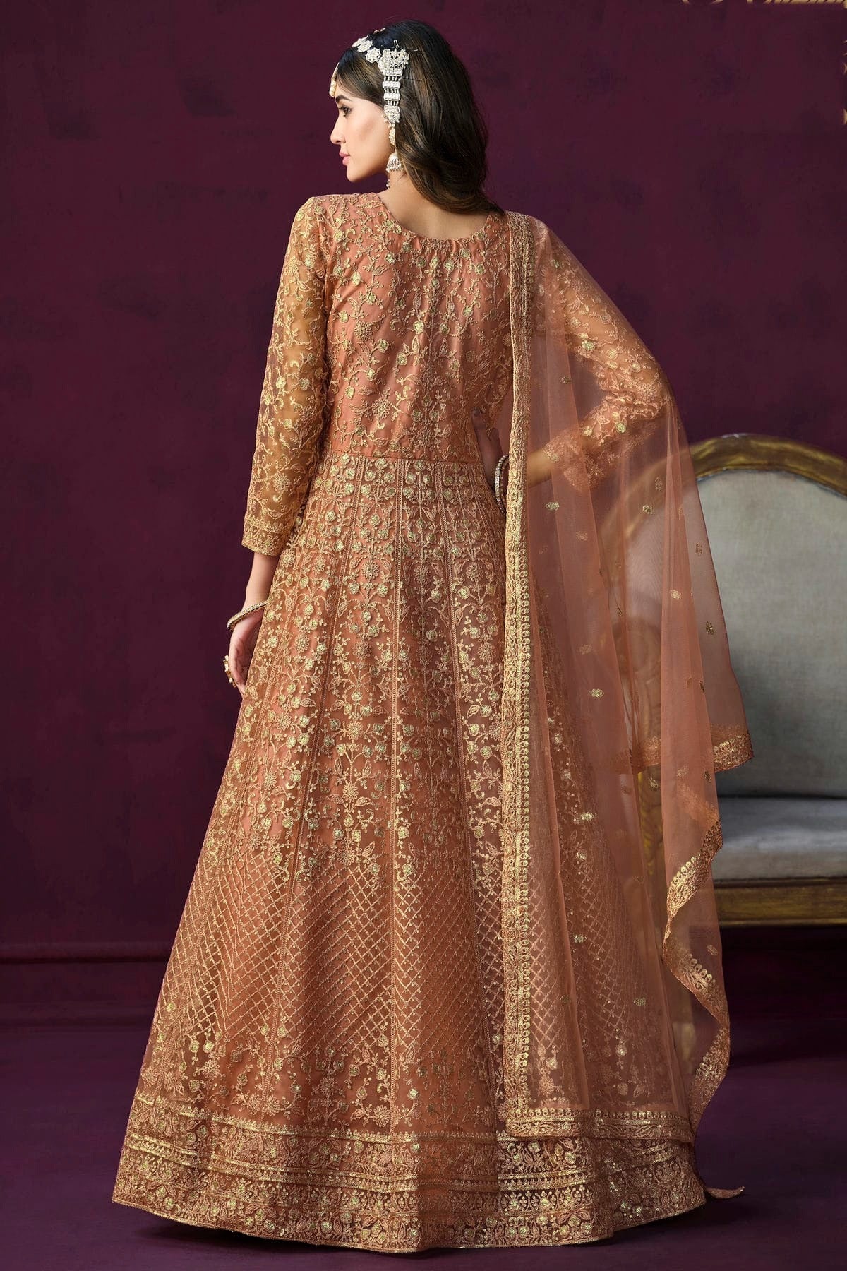 Peach Colour Semi Stitched Net Anarkali Suit SM1050431 A