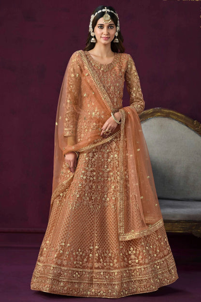 Peach Colour Semi Stitched Net Anarkali Suit SM1050431