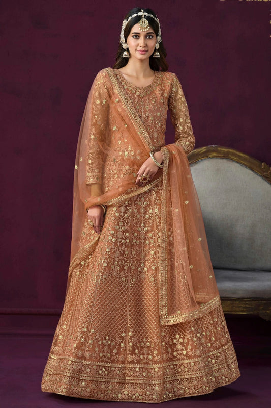 Peach Colour Semi Stitched Net Anarkali Suit SM1050431