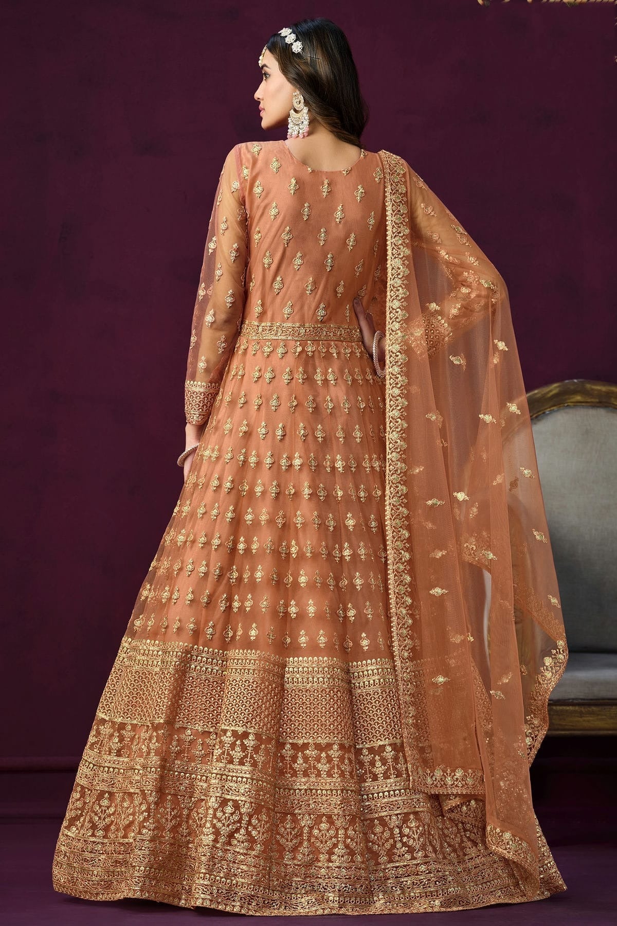 Peach Colour Semi Stitched Net Anarkali Suit SM1050439 A