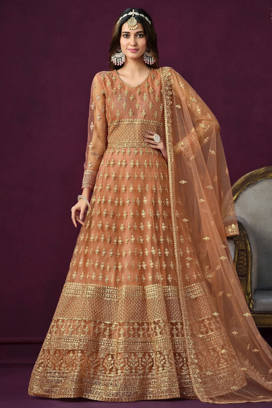 Peach Colour Semi Stitched Net Anarkali Suit SM1050439