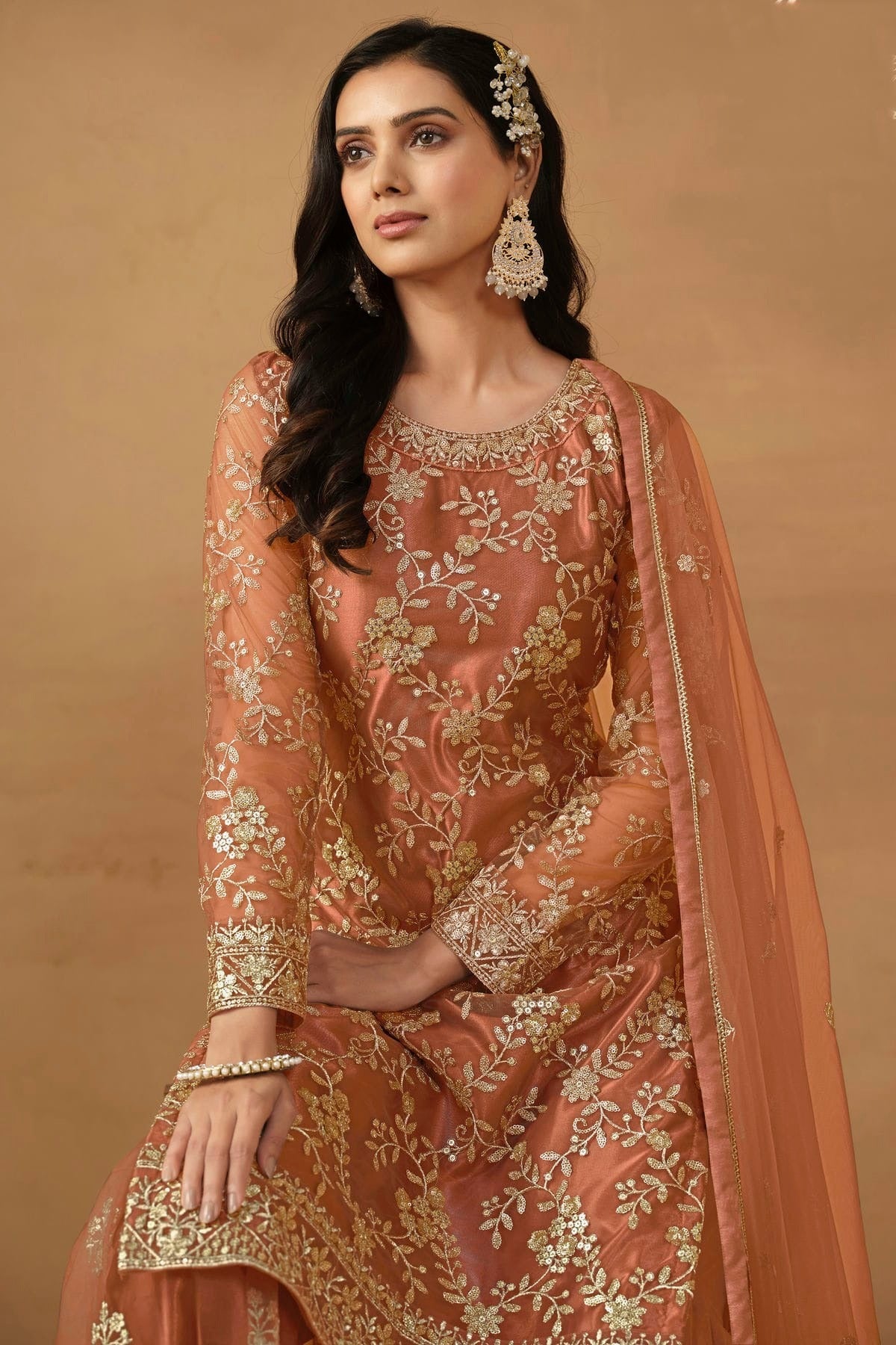 Peach Colour Semi Stitched Net Sharara Suit SM1050460 A