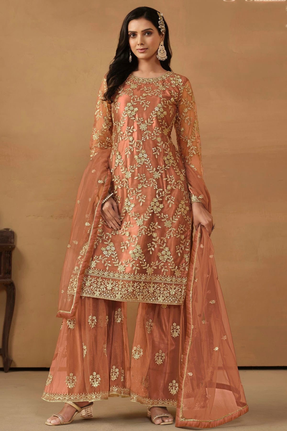 Peach Colour Semi Stitched Net Sharara Suit SM1050460