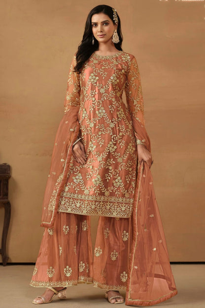 Peach Colour Semi Stitched Net Sharara Suit SM1050460
