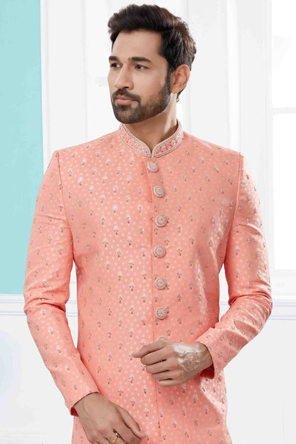 Peach Colour Sherwani In Silk Fabric SH1040424 A