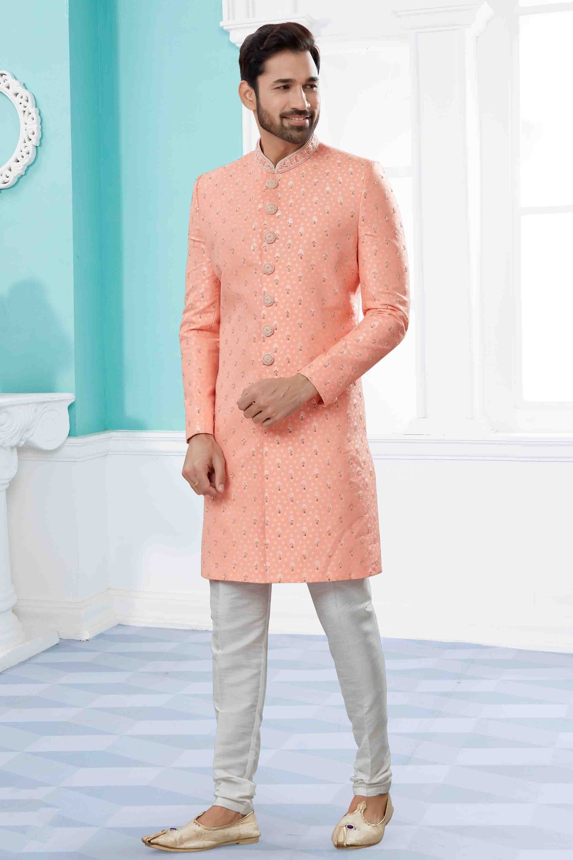Peach Colour Sherwani In Silk Fabric SH1040424