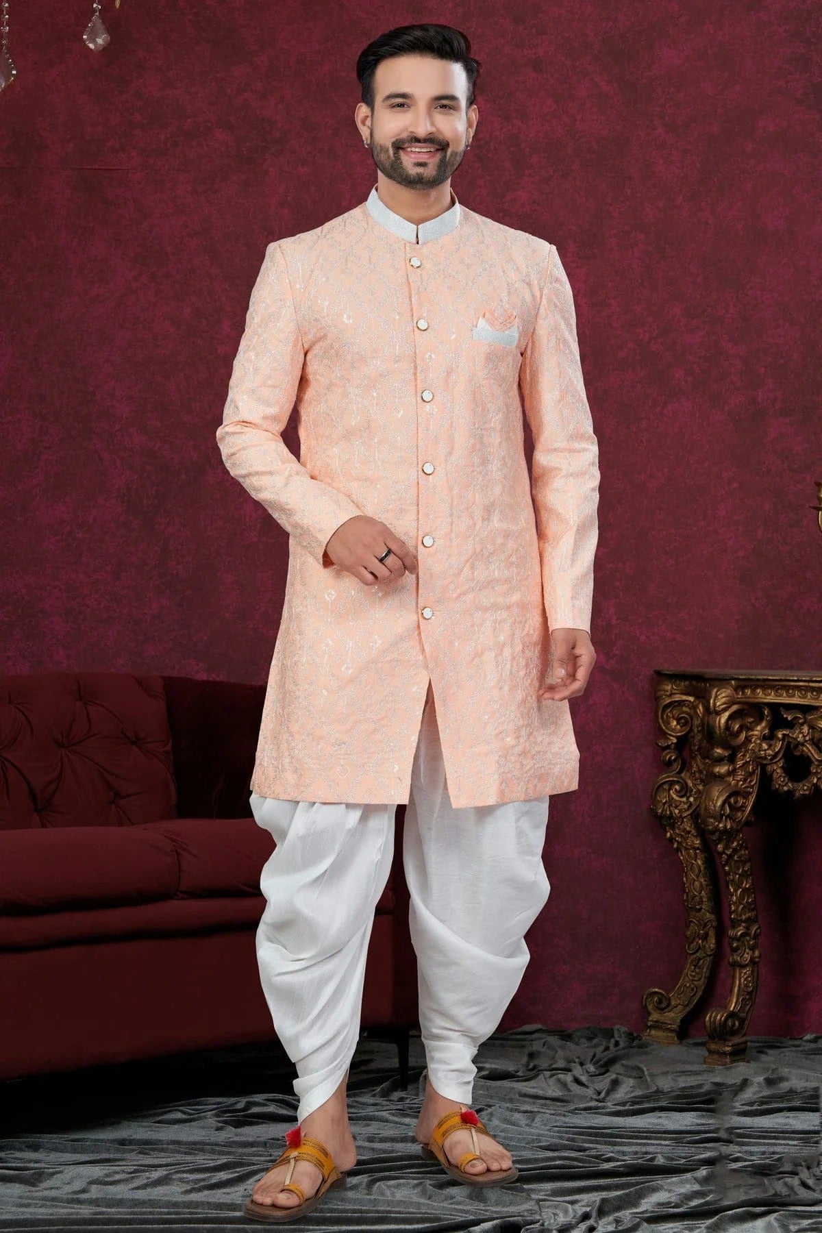Peach Colour Silk Dupion Dhoti Sherwani SH1040640