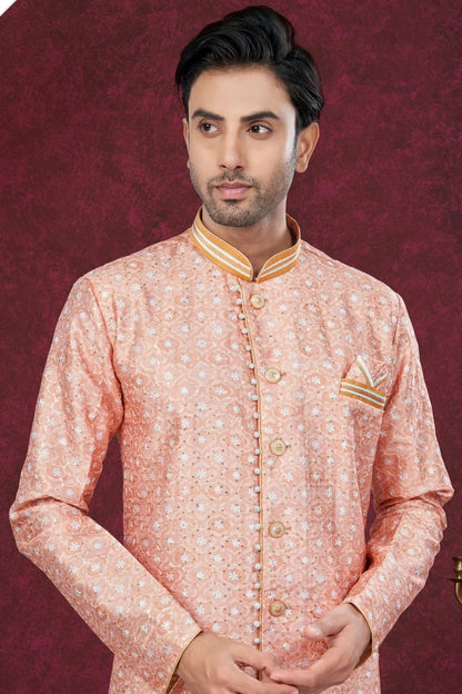 Peach Colour Silk Dupion Sherwani SH1040593 A