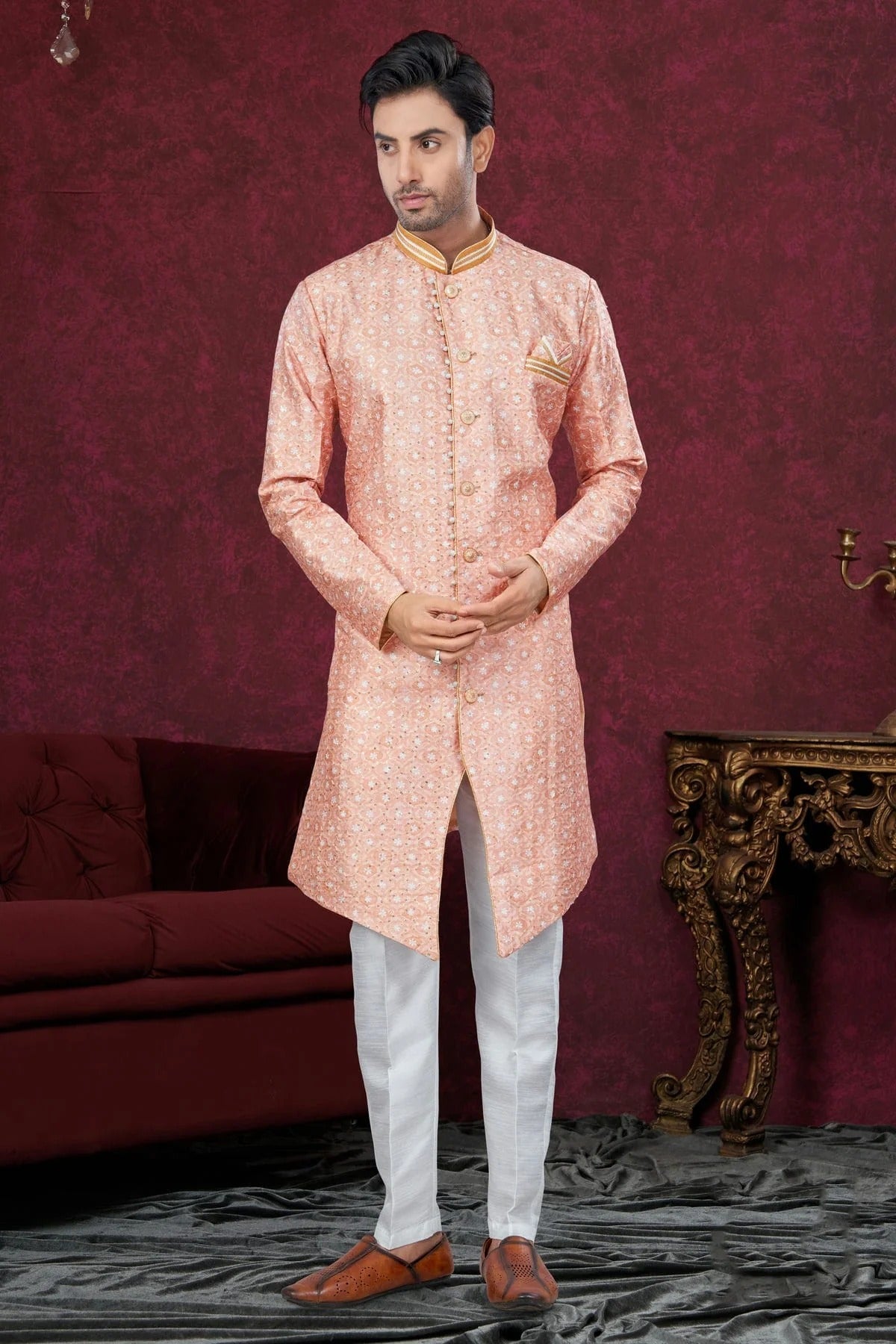 Peach Colour Silk Dupion Sherwani SH1040593