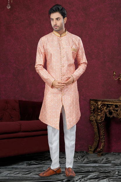 Peach Colour Silk Dupion Sherwani SH1040593