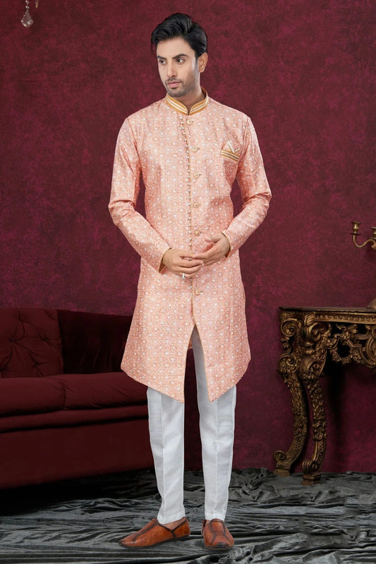 Peach Colour Silk Dupion Sherwani SH1040593