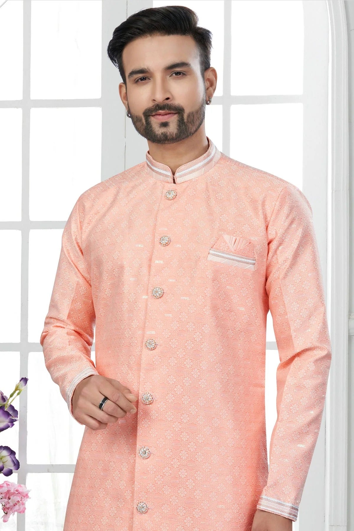 Peach Colour Silk Dupion Sherwani SH1040597 A