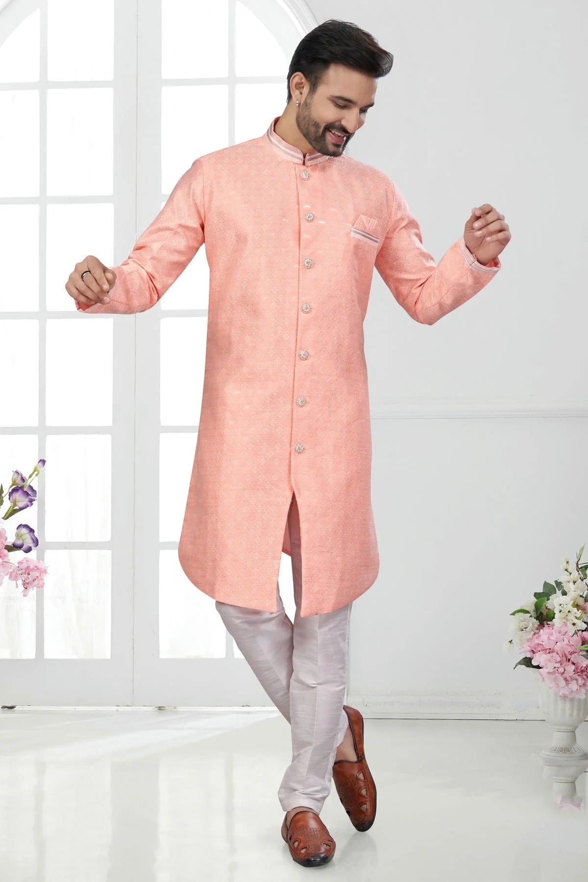 Peach Colour Silk Dupion Sherwani SH1040597