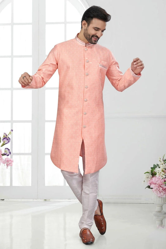 Peach Colour Silk Dupion Sherwani SH1040597