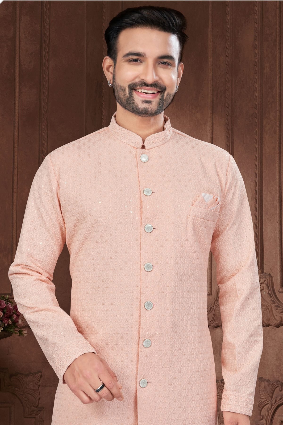Peach Colour Silk Dupion Sherwani SH1040611 A