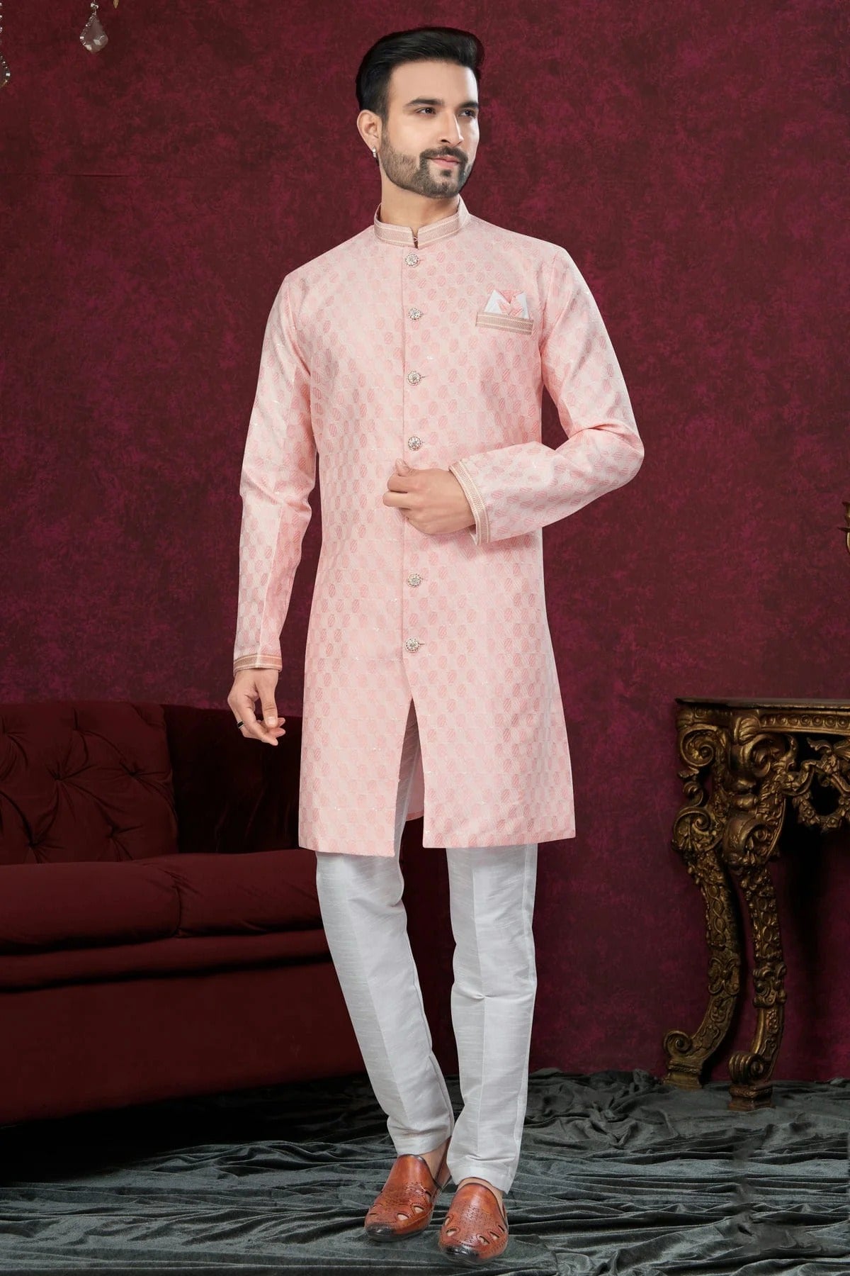 Peach Colour Silk Dupion Sherwani SH1040614