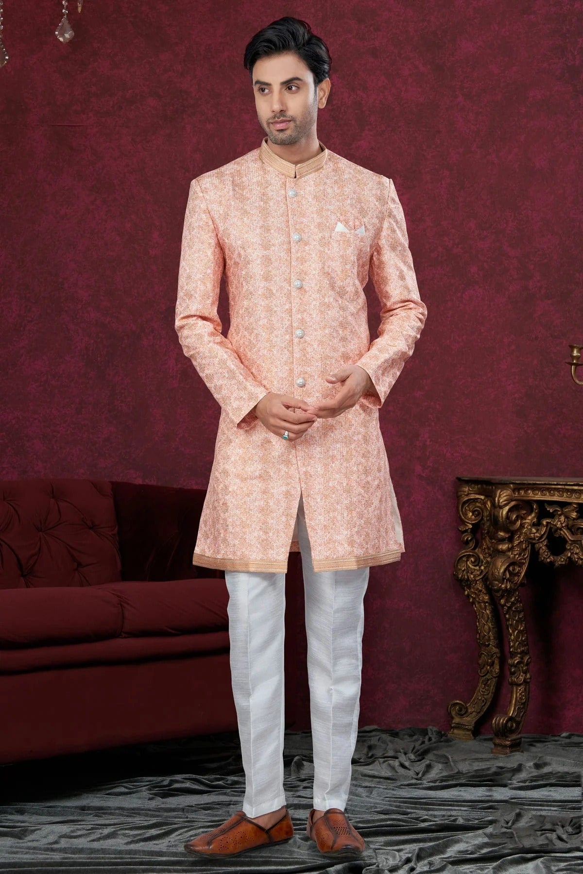 Peach Colour Silk Dupion Sherwani SH1040618