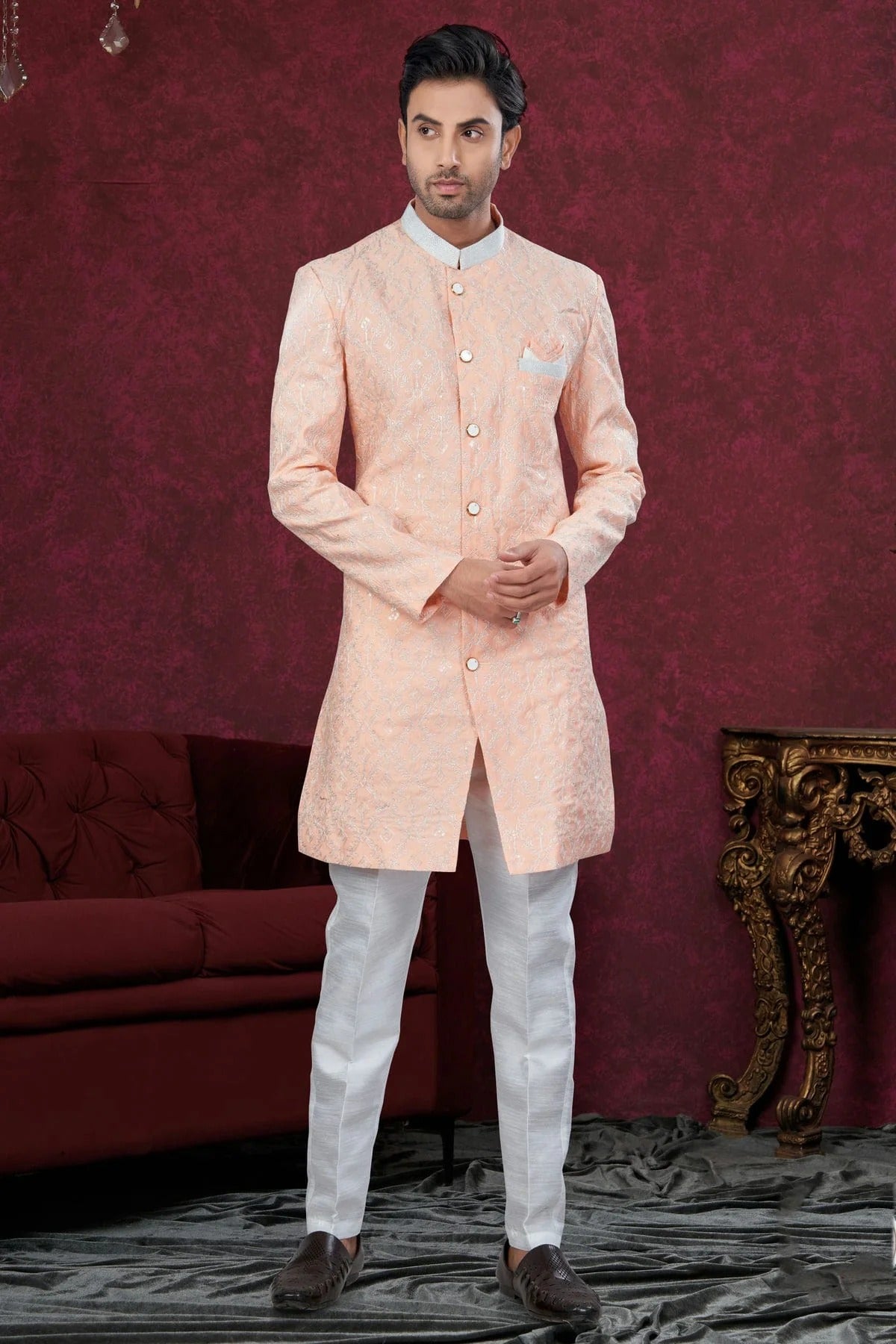 Peach Colour Silk Dupion Sherwani SH1040635