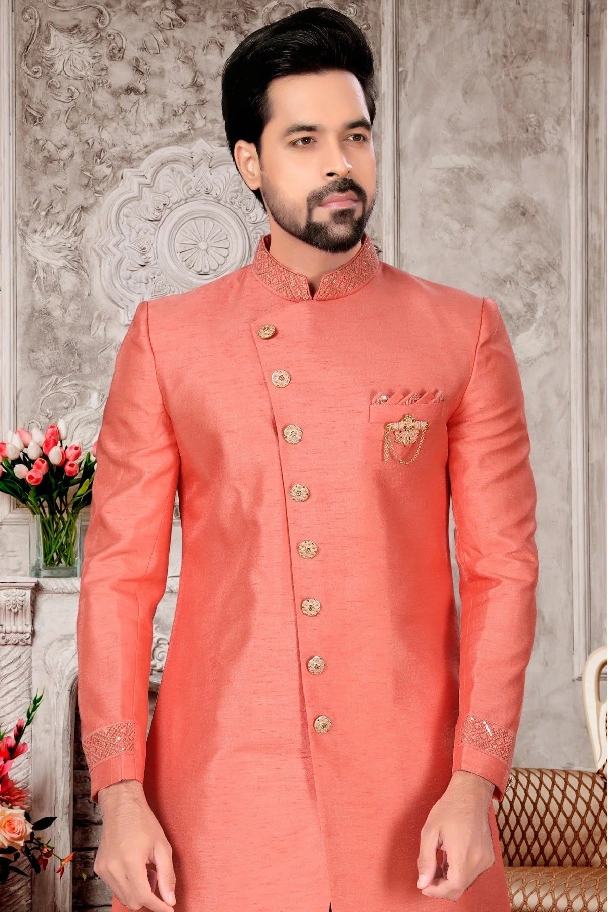 Peach Colour Slub Silk Dhoti Sherwani SH1040285 A