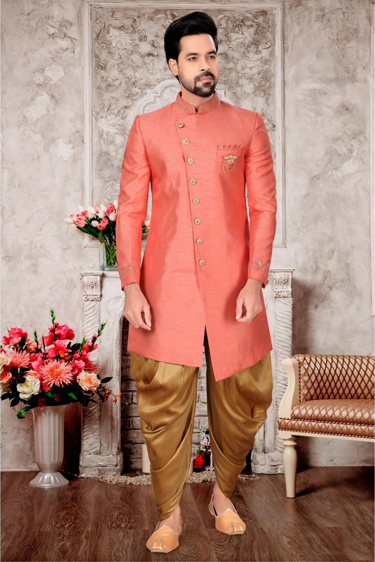 Peach Colour Slub Silk Dhoti Sherwani SH1040285