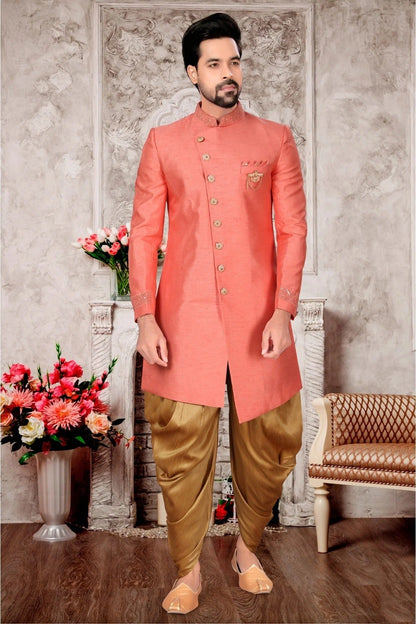 Peach Colour Slub Silk Dhoti Sherwani SH1040285