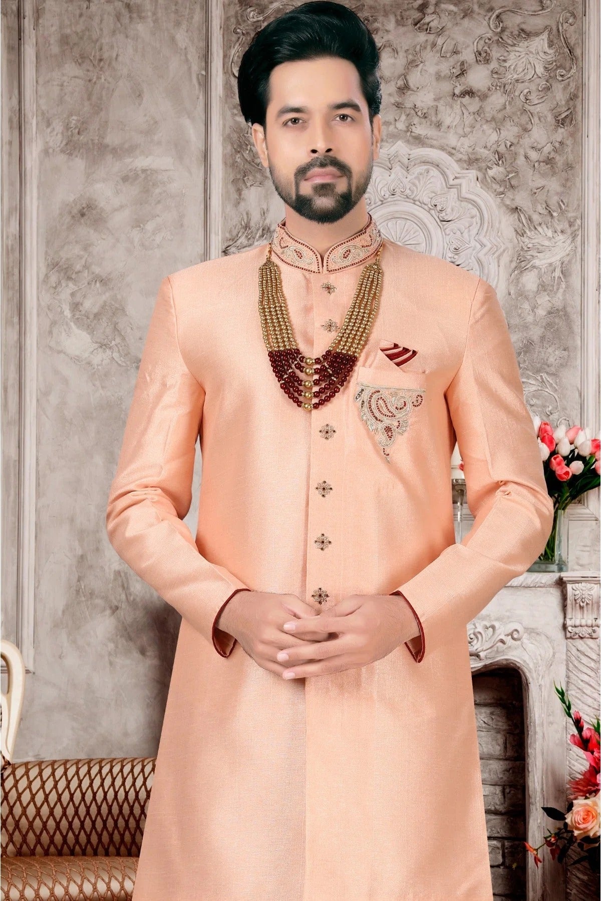 Peach Colour Slub Silk Sherwani SH1040310 A