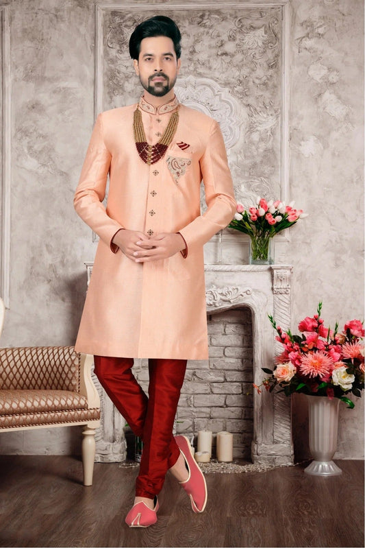 Peach Colour Slub Silk Sherwani SH1040310