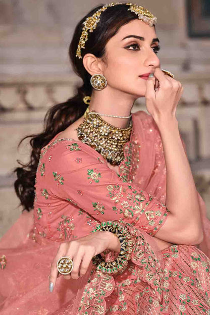 Peach Colour Soft Net Zari Work Lehenga Choli LC1080354 A